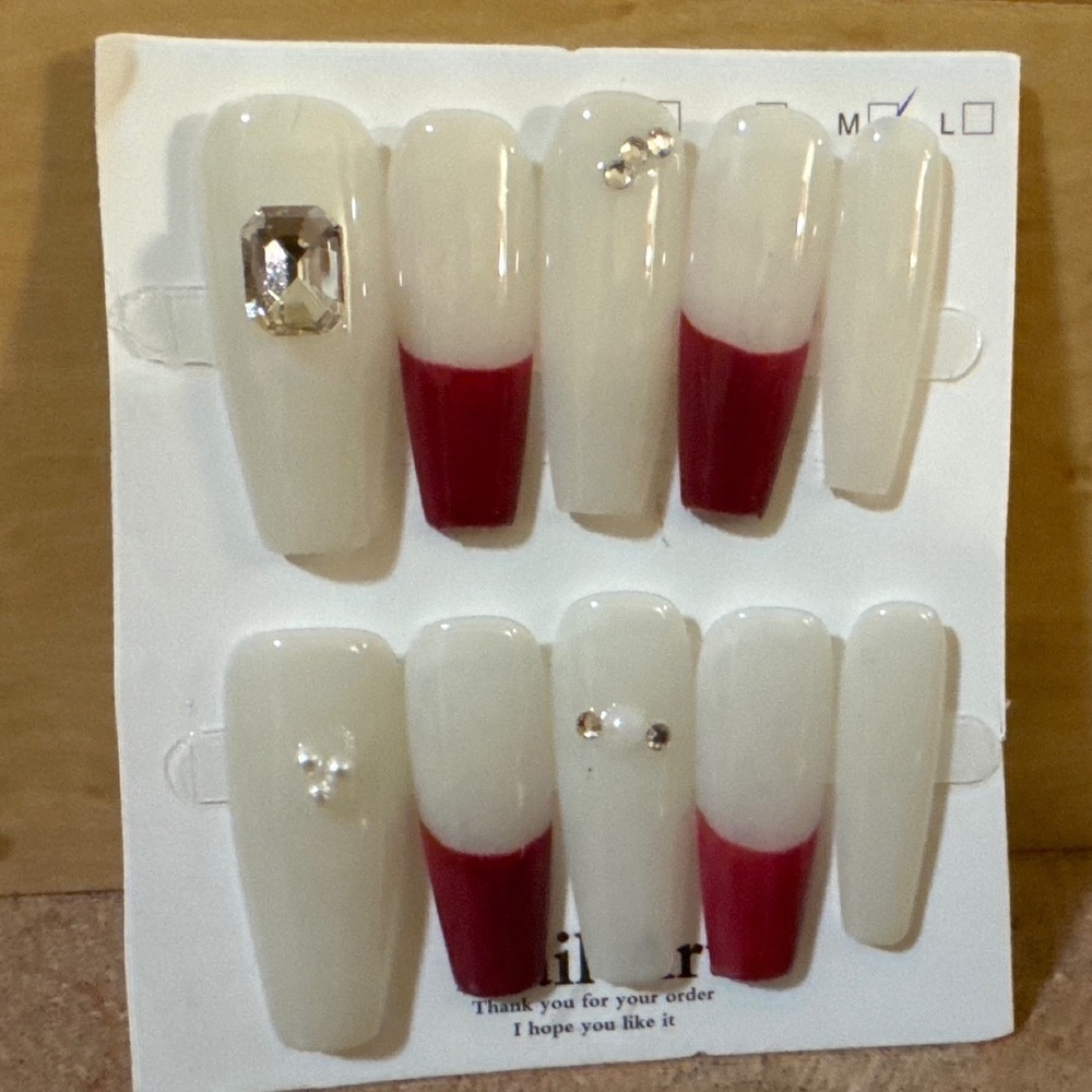 Red and White French Tip Press On Nails Coffin Shape Rhinestone Pearl Accents M